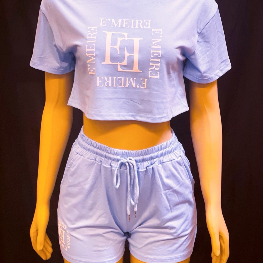 E'MEIRE Light Blue Crop Top and Shorts Set